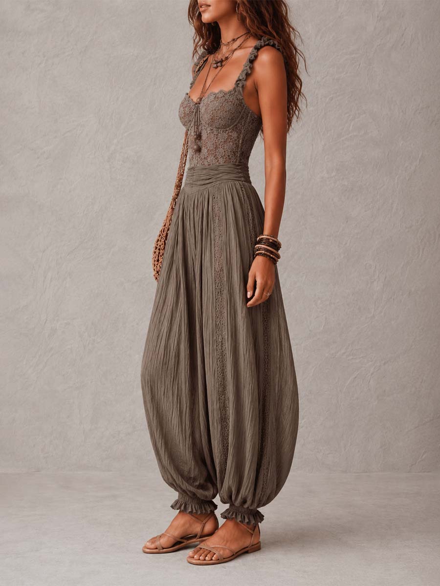 Conjunto de top de encaje y pantalón harem