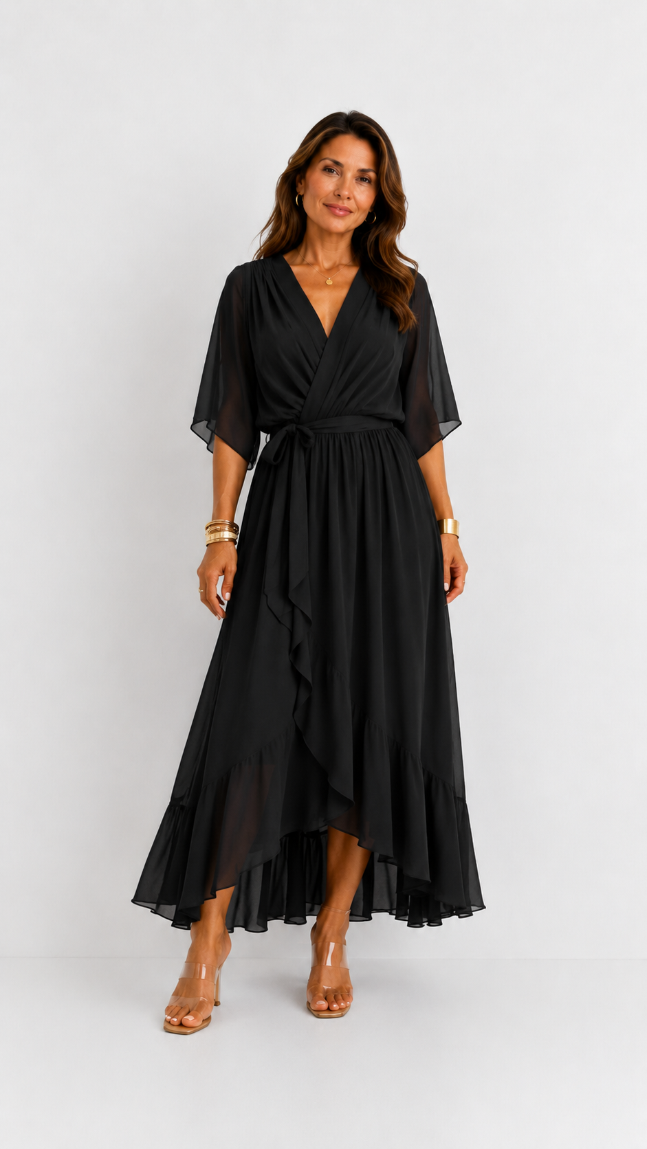 Vestido maxi cruzado con lazo en la cintura