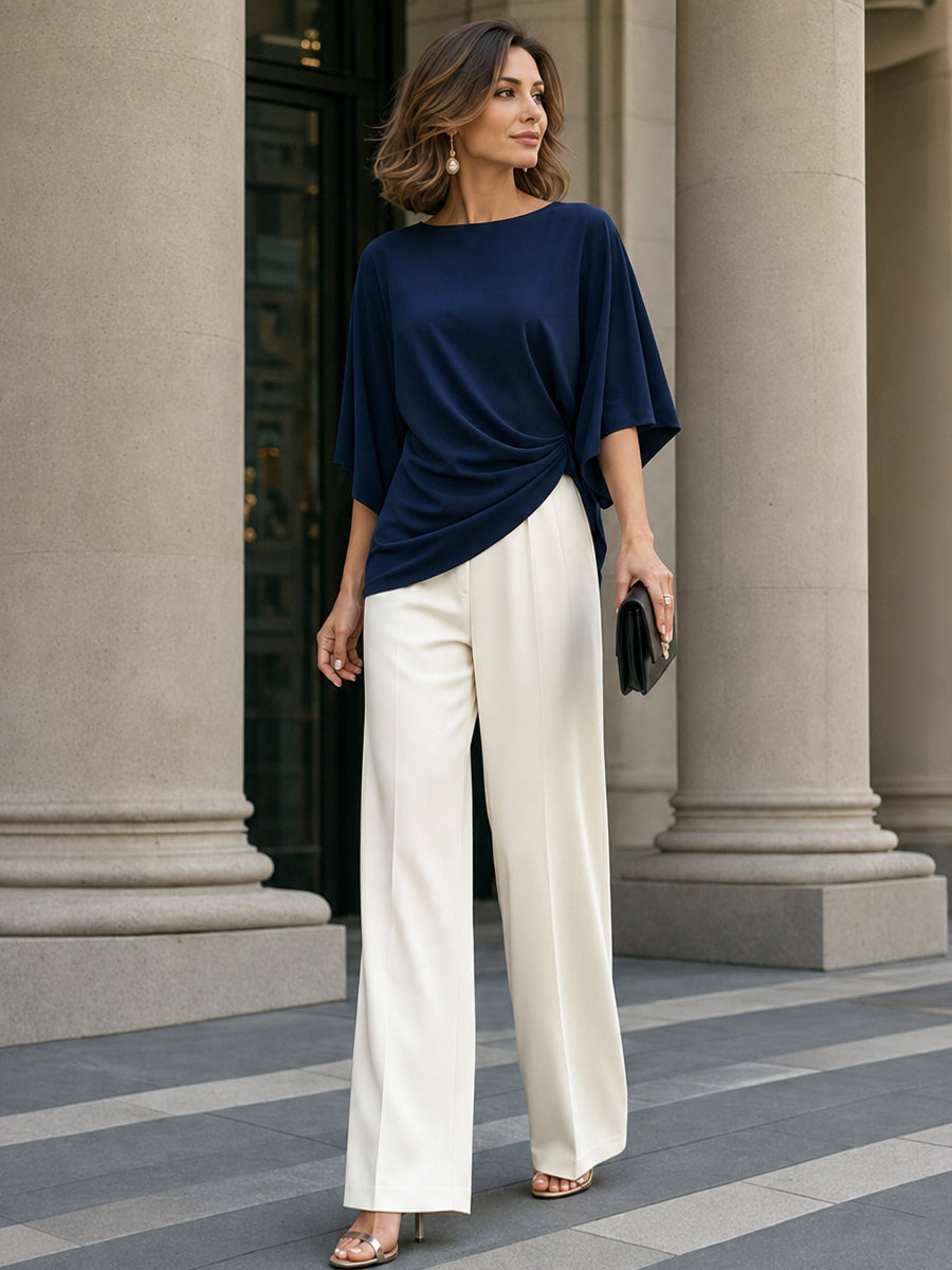Conjunto de blusa drapeada y pantalón ancho