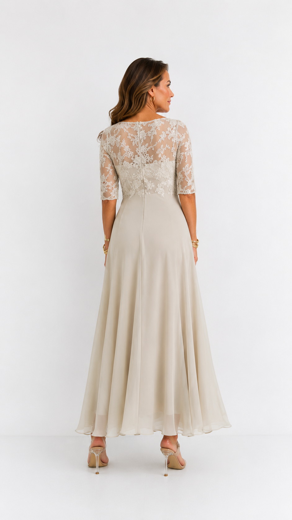 Vestido midi de encaje y gasa Leonor Beige
