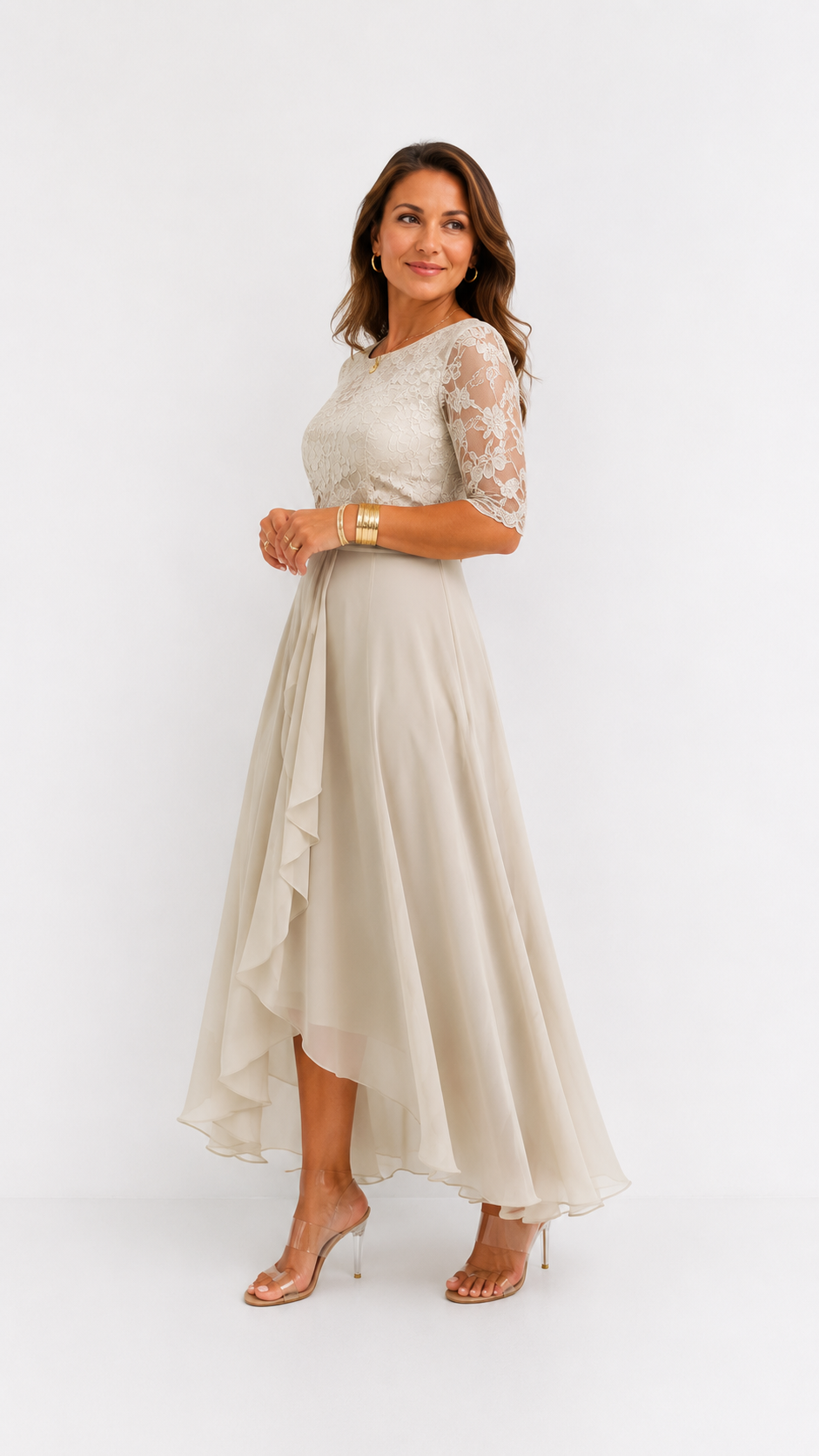 Vestido midi de encaje y gasa Leonor Beige