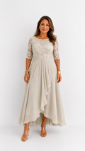 Vestido midi de encaje y gasa Leonor Beige