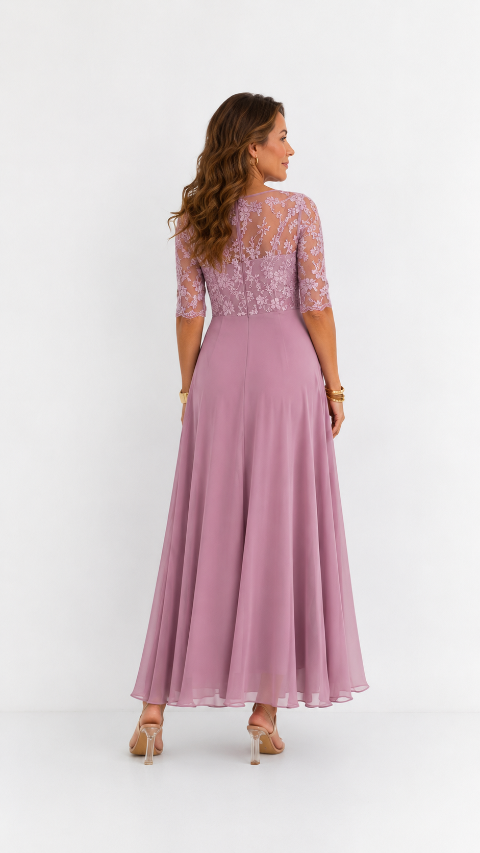 Vestido midi de encaje y gasa Leonor Rosa