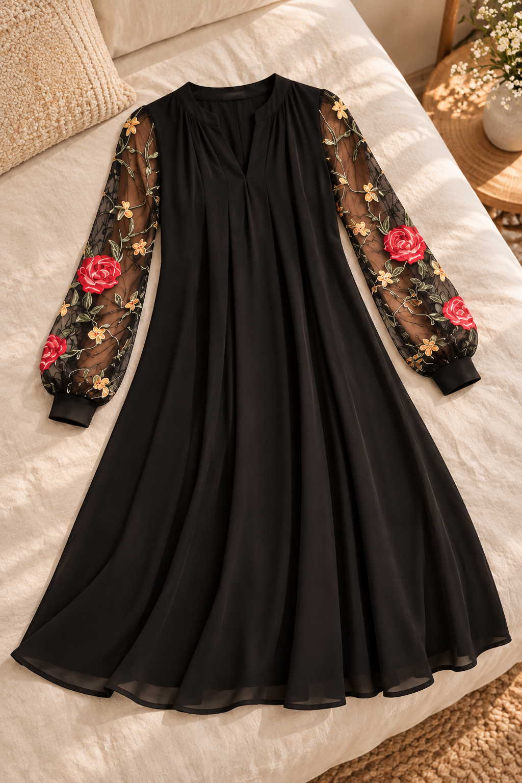 Vestido con escote en V y mangas bordadas