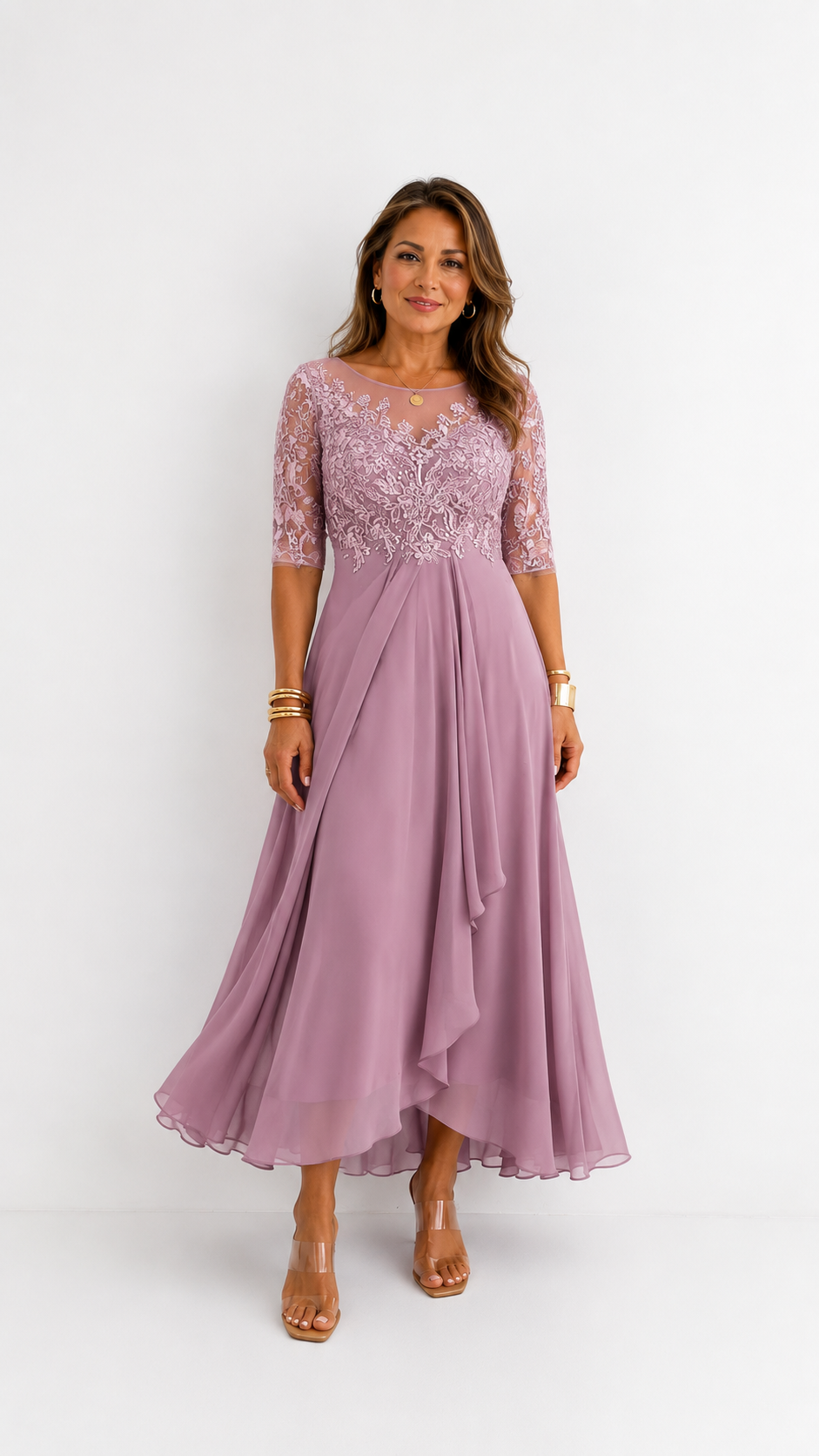 Vestido midi de encaje y gasa Leonor Rosa