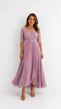 Vestido midi de encaje y gasa Leonor Rosa