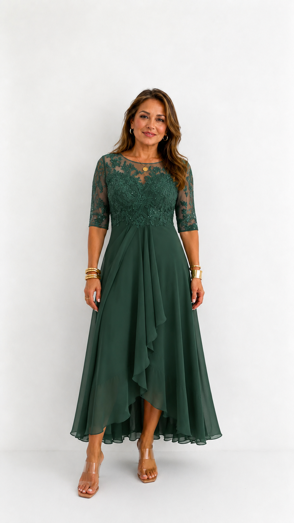 Vestido midi de encaje y gasa Leonor Verde