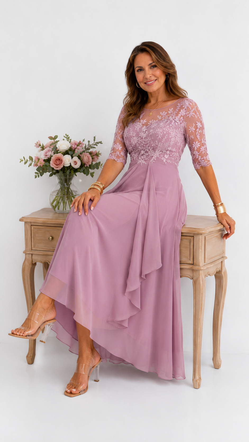 Vestido midi de encaje y gasa Leonor Rosa