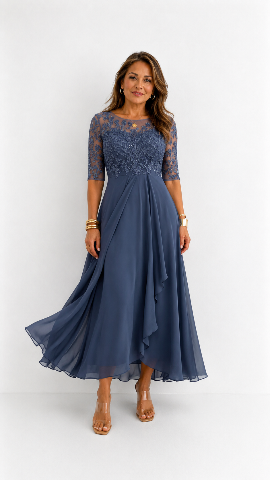Vestido midi de encaje y gasa Leonor