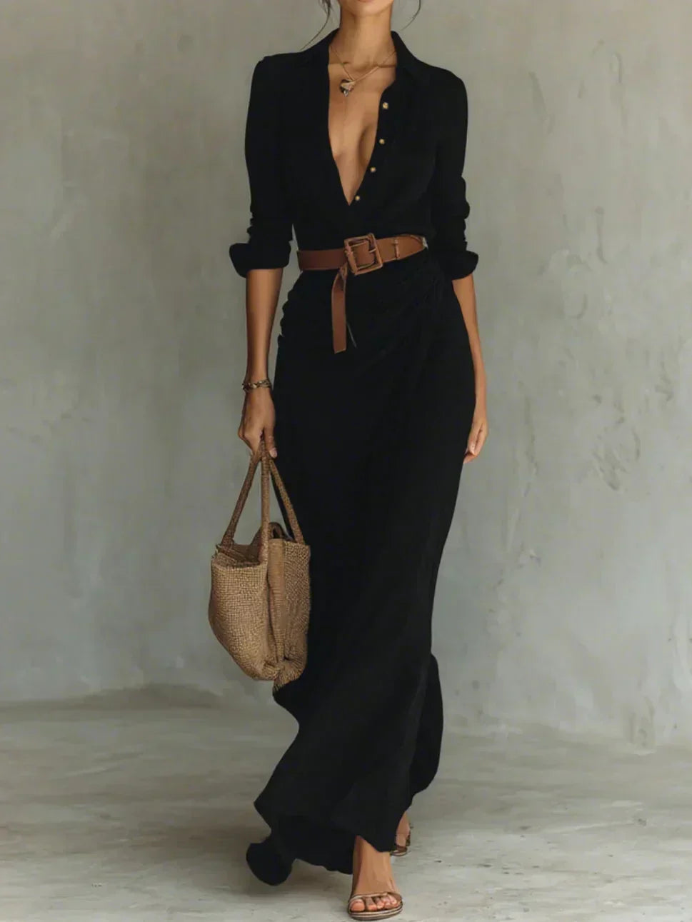 Vestido maxi camisero con cinturón