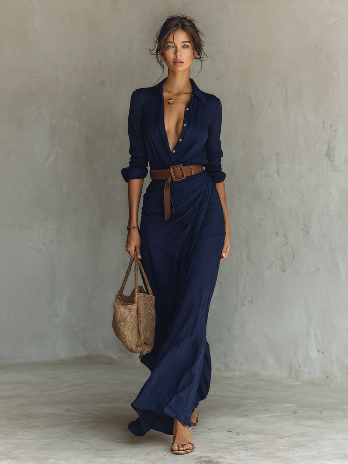 Vestido maxi camisero con cinturón Azul marino