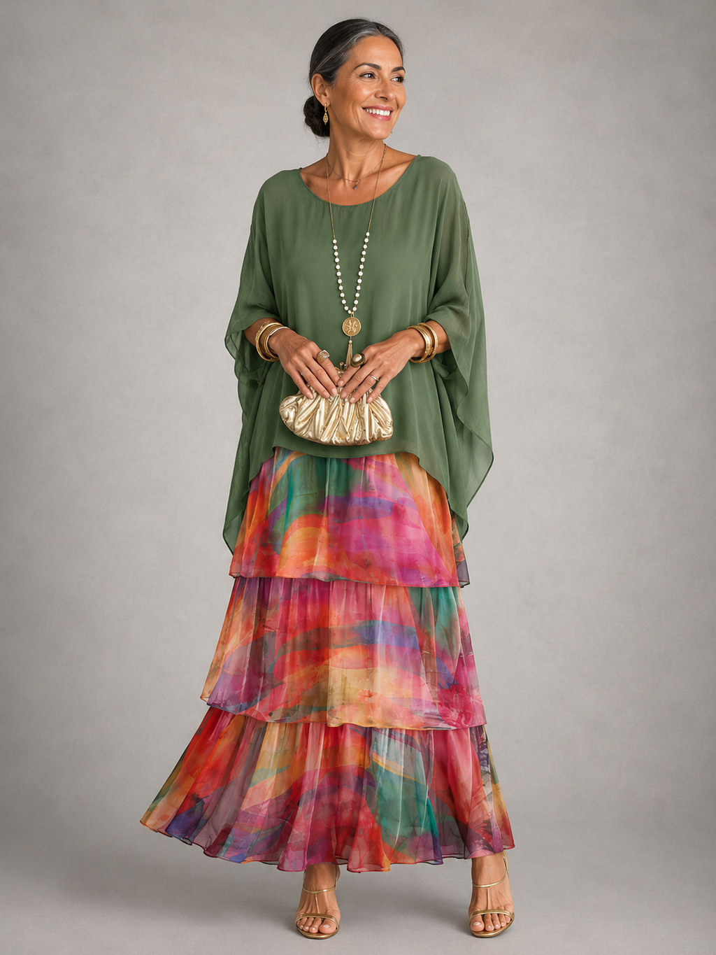 Vestido maxi con capa y falda de volantes