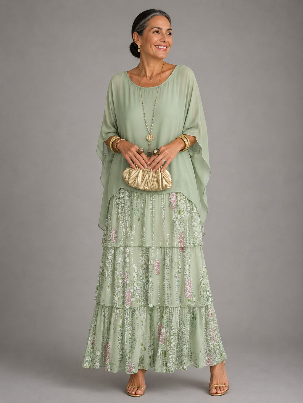 Vestido maxi con capa y falda de volantes