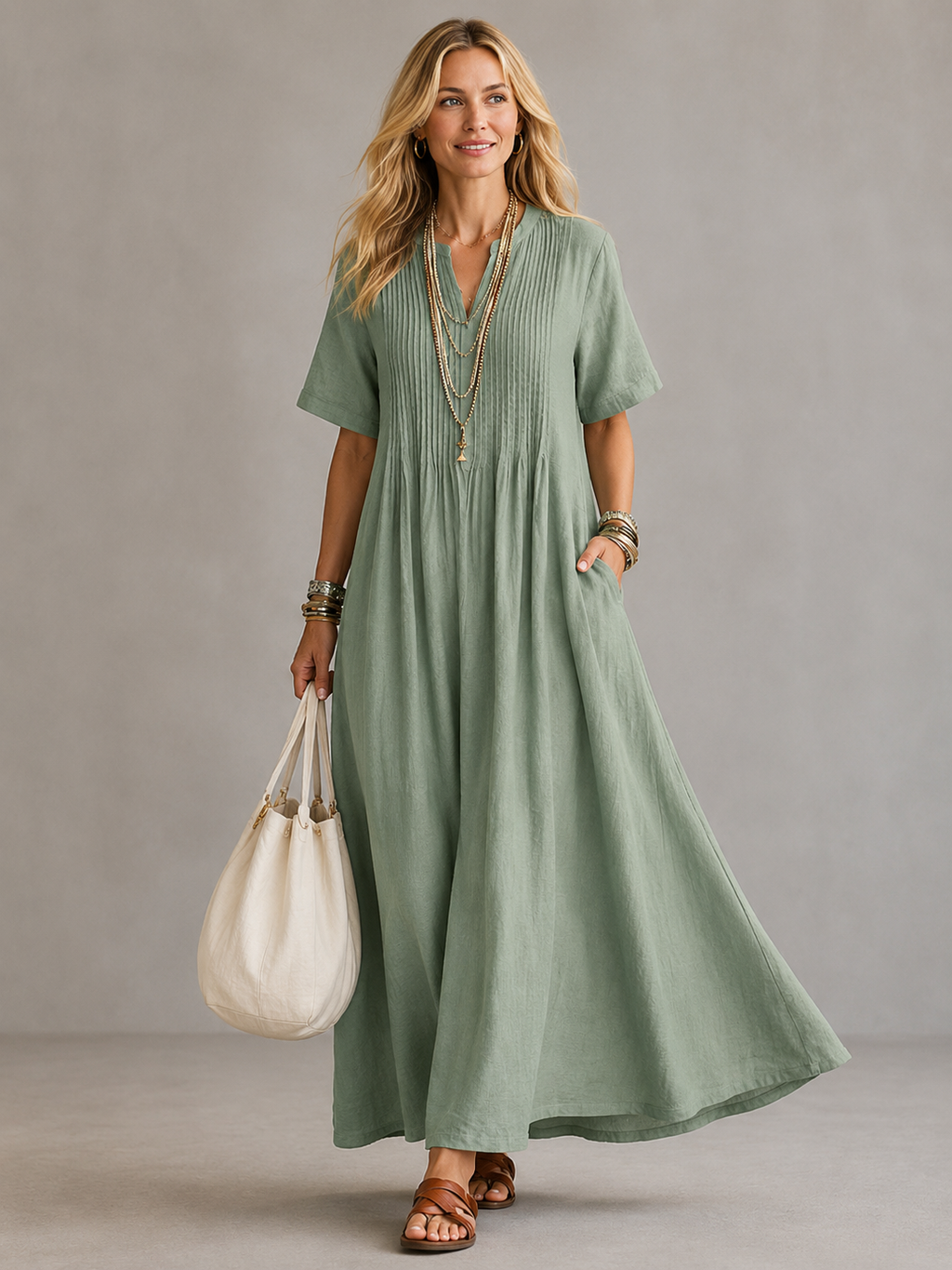 Vestido maxi plisado con escote en V