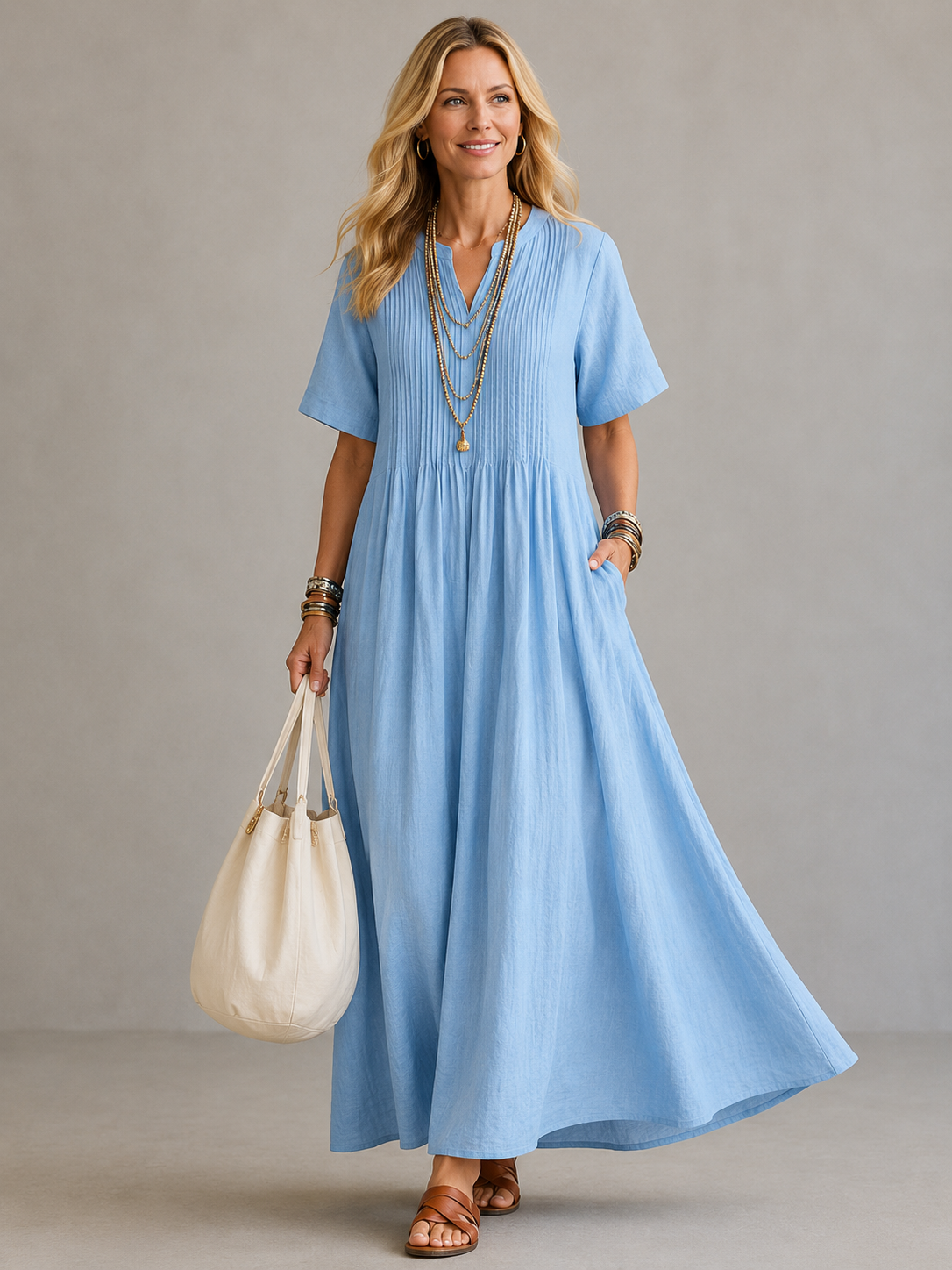 Vestido maxi plisado con escote en V