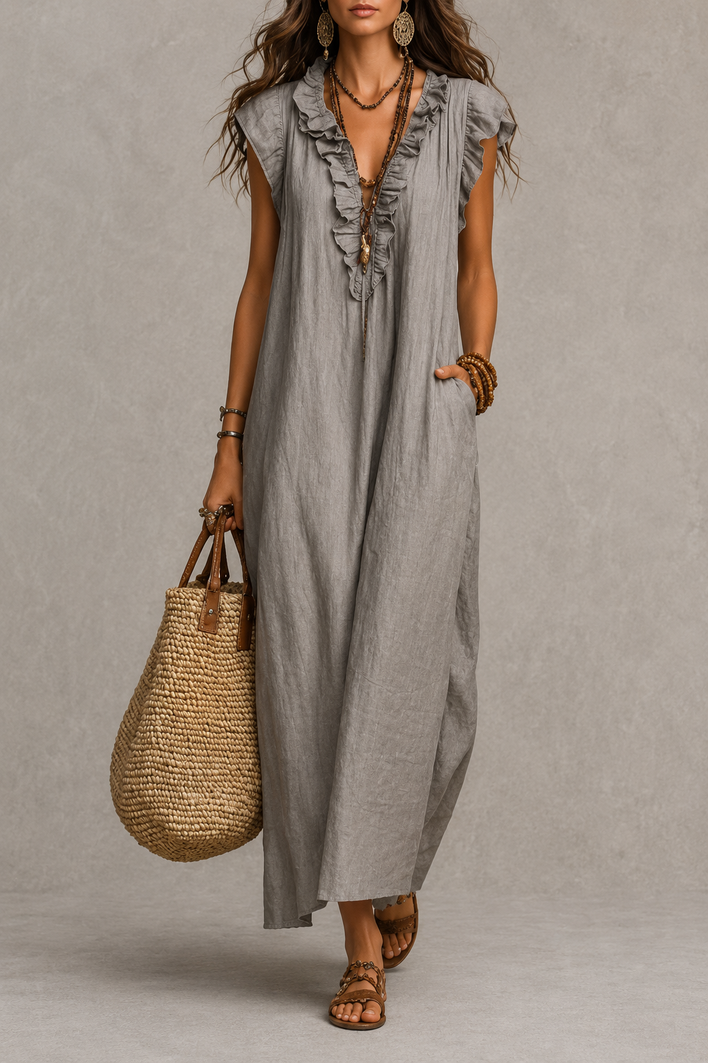 Vestido maxi con escote en V y volantes