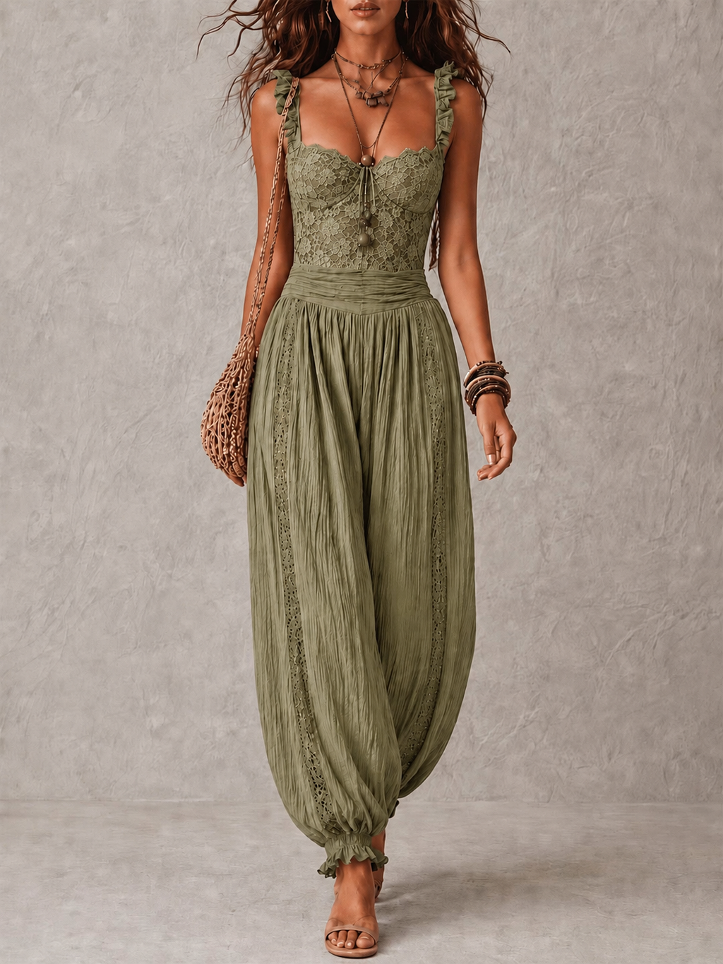 Conjunto de top de encaje y pantalón harem