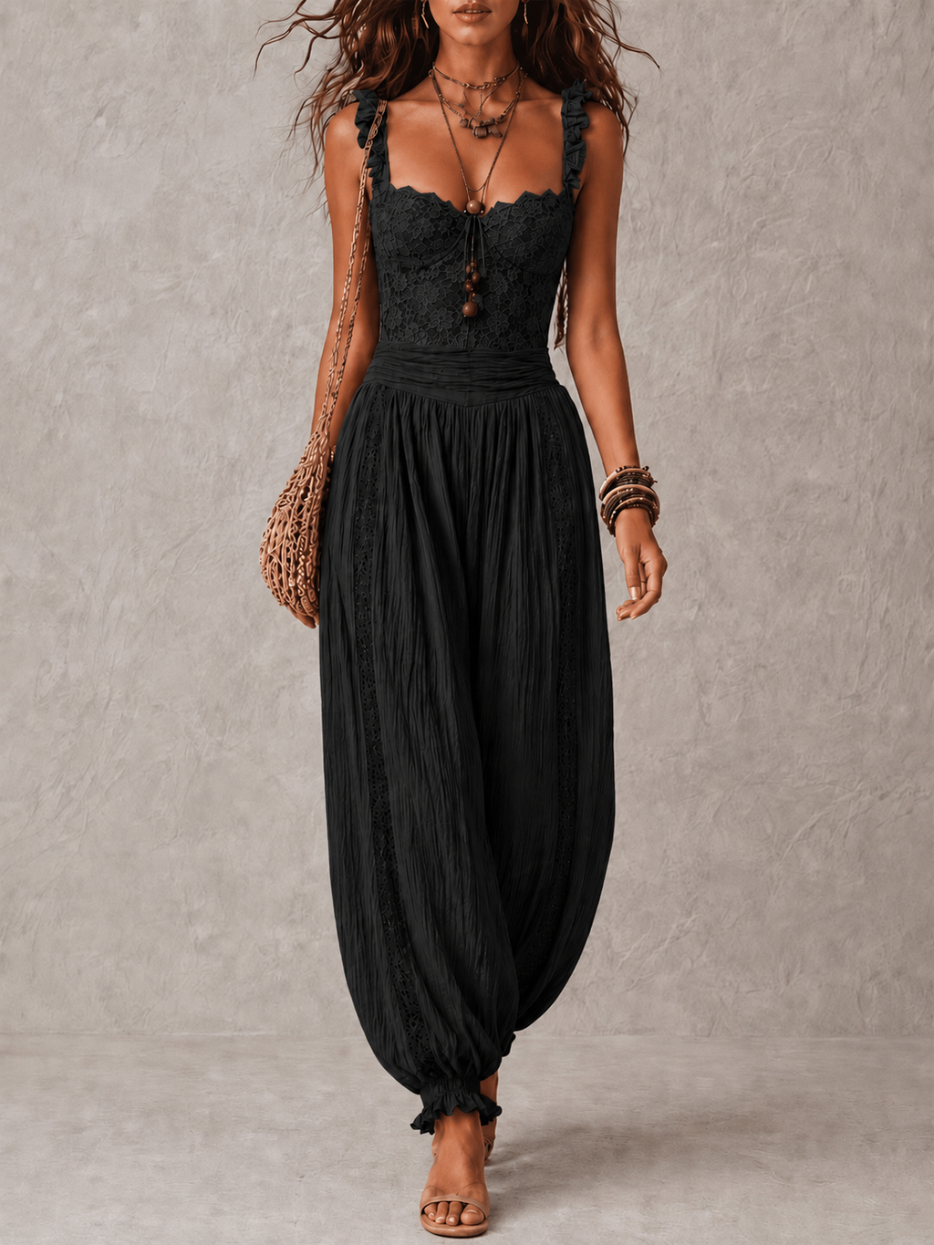 Conjunto de top de encaje y pantalón harem