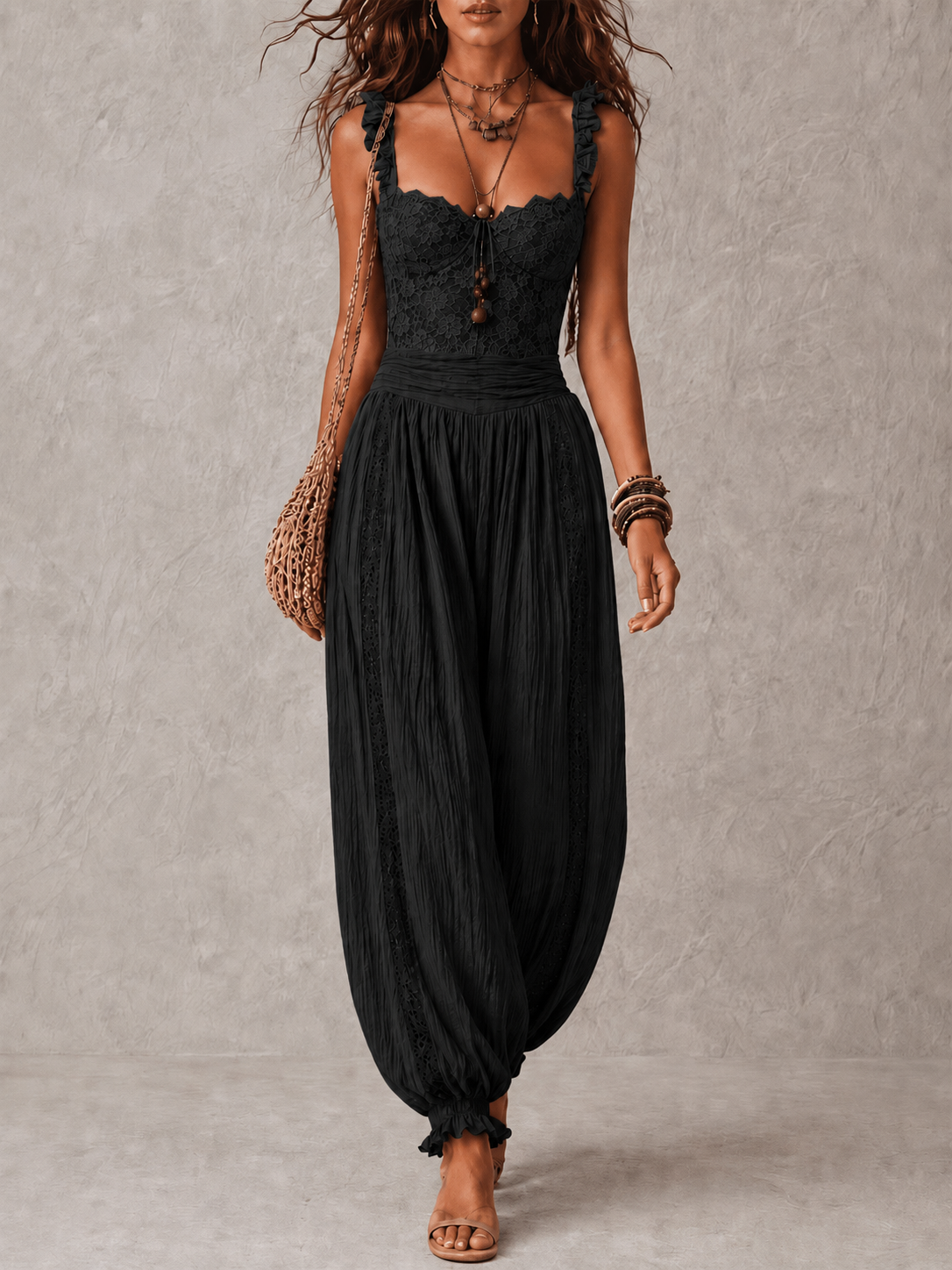 Conjunto de top de encaje y pantalón harem