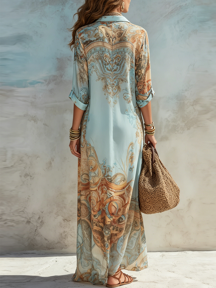 Vestido maxi camisero con estampado barroco