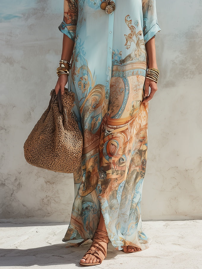 Vestido maxi camisero con estampado barroco