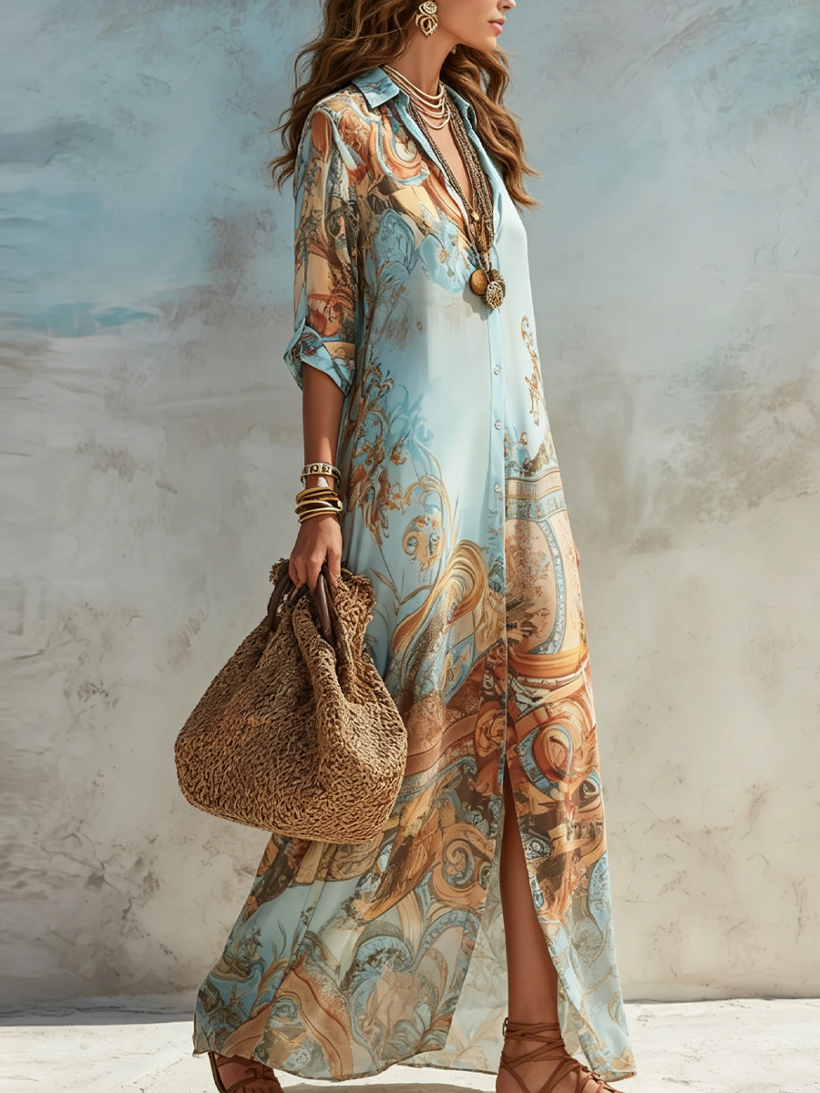 Vestido maxi camisero con estampado barroco