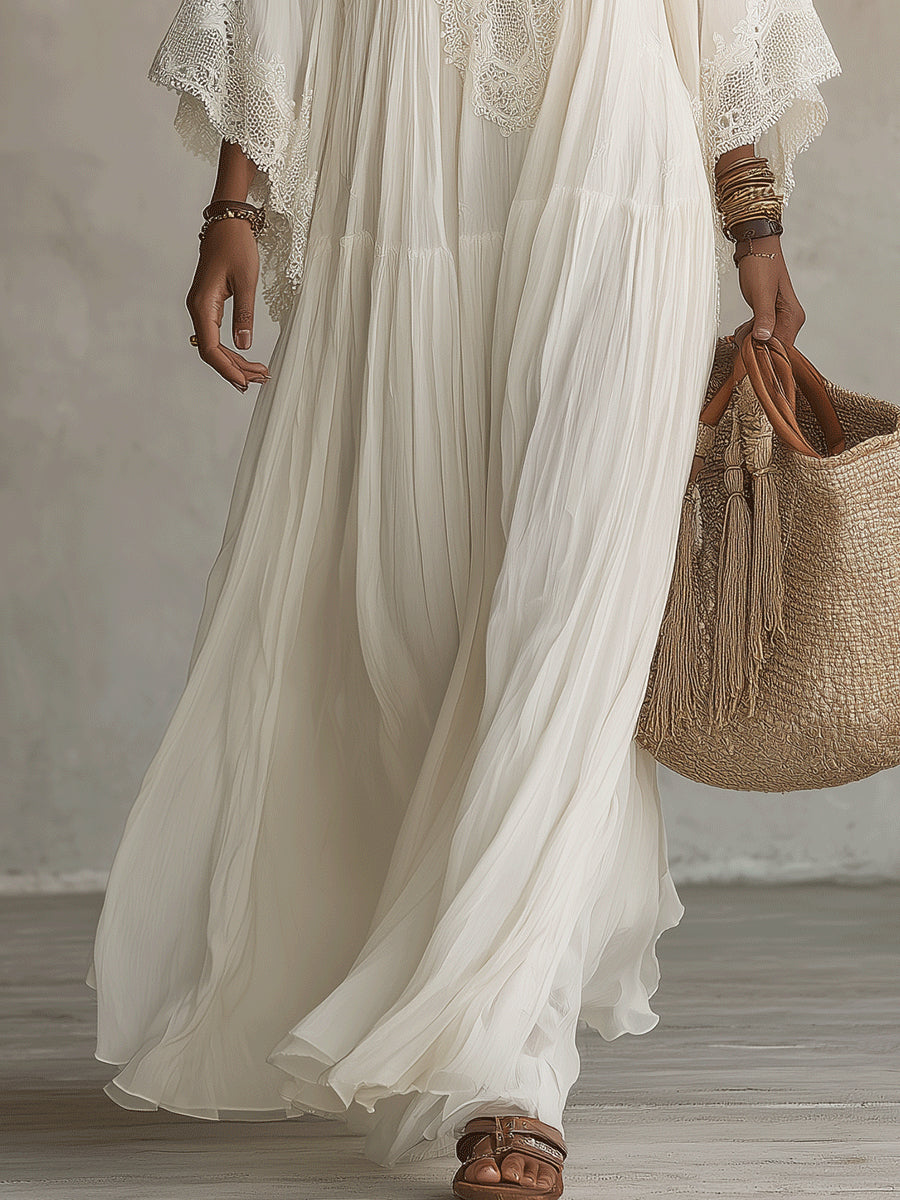 Vestido maxi con mangas anchas y encaje
