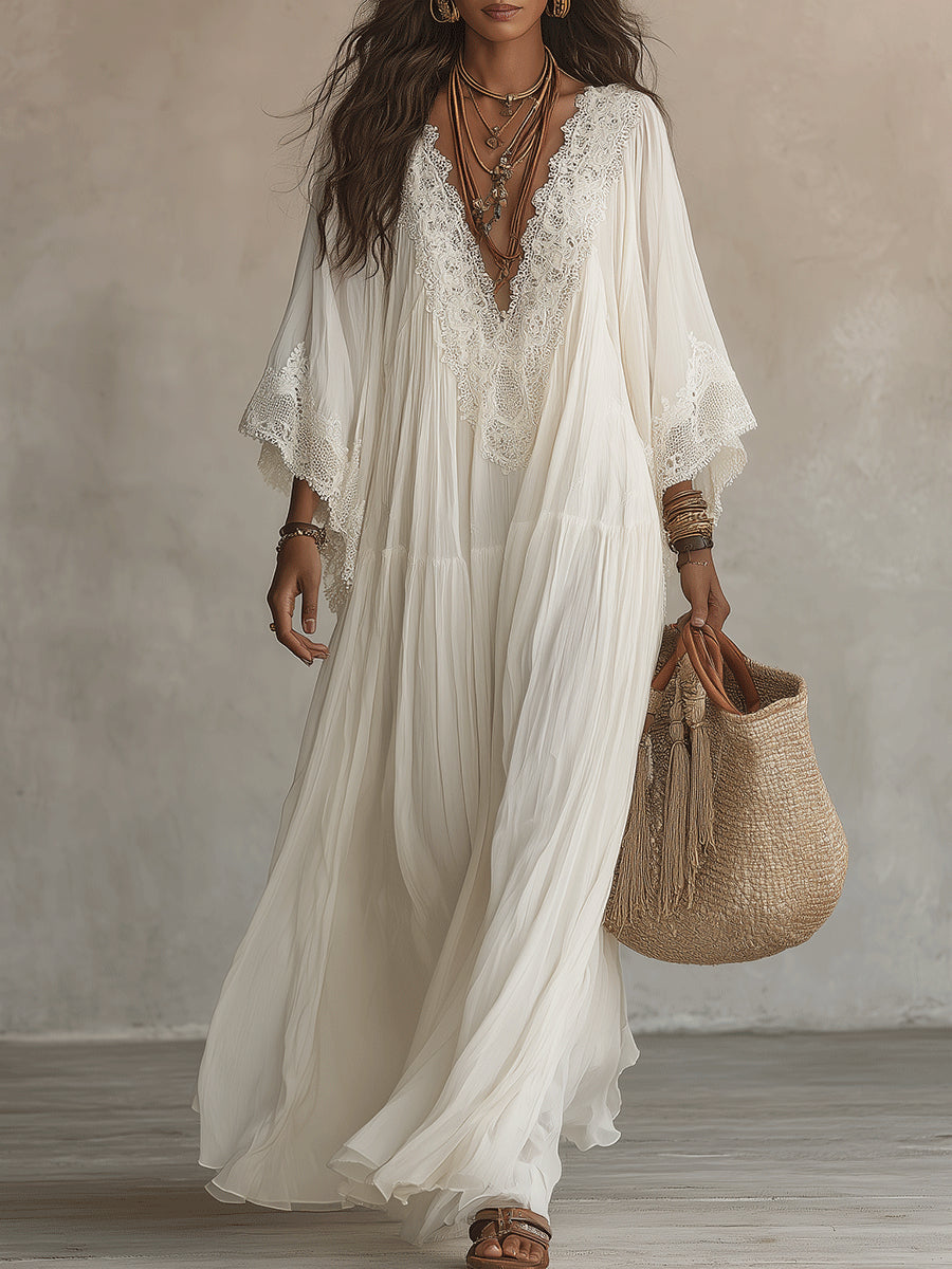 Vestido maxi con mangas anchas y encaje