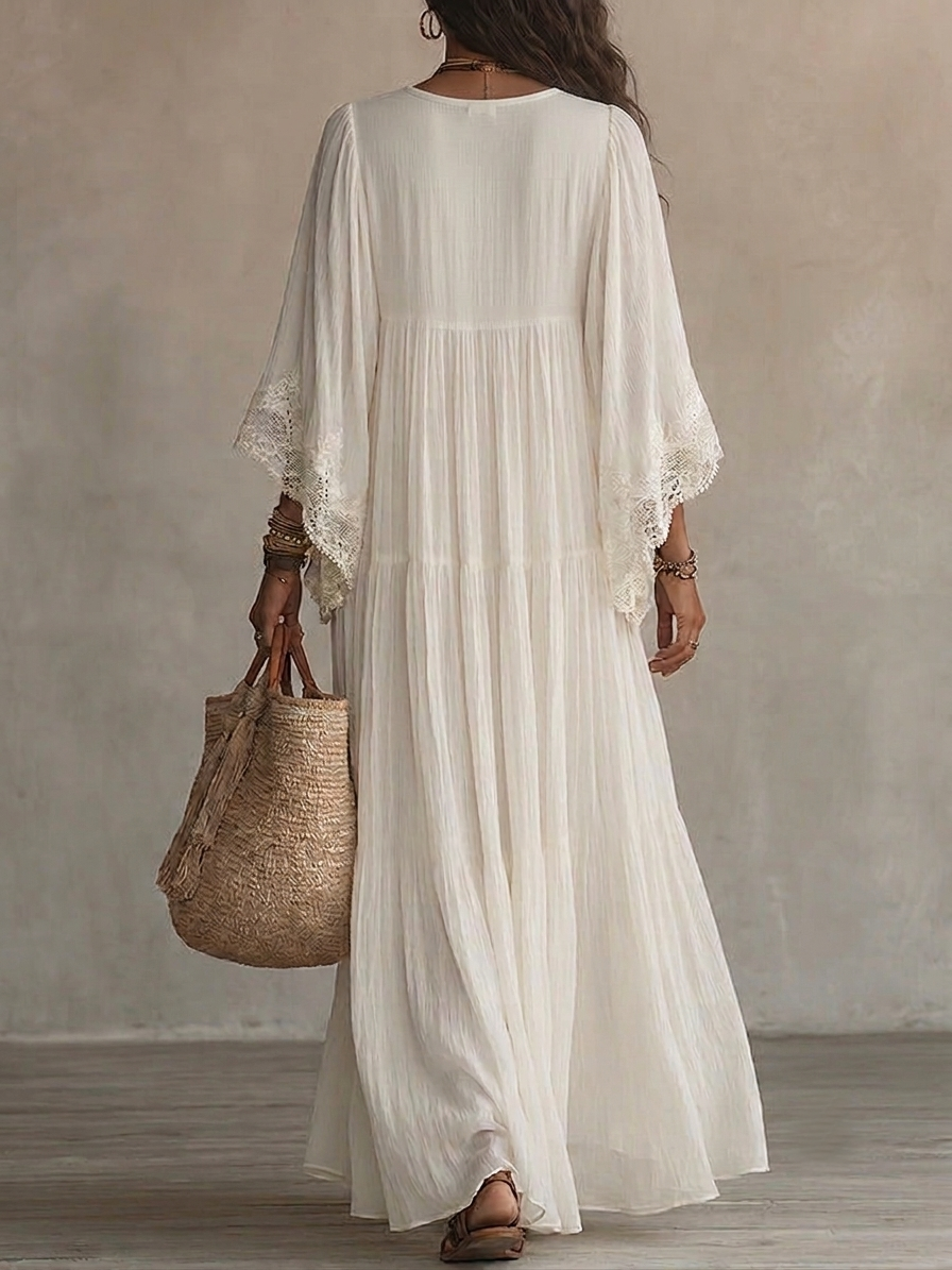 Vestido maxi con mangas anchas y encaje