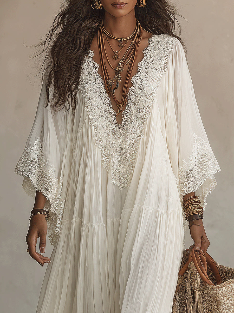 Vestido maxi con mangas anchas y encaje
