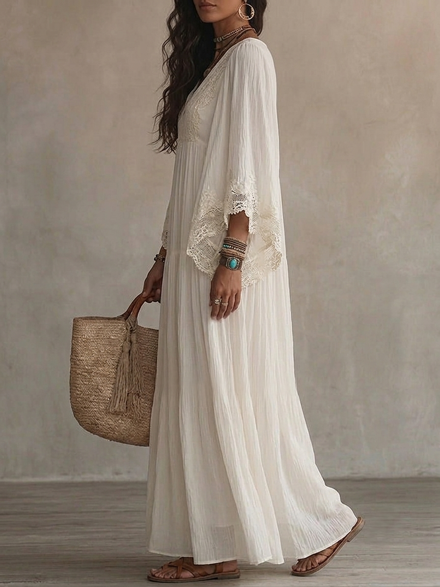 Vestido maxi con mangas anchas y encaje