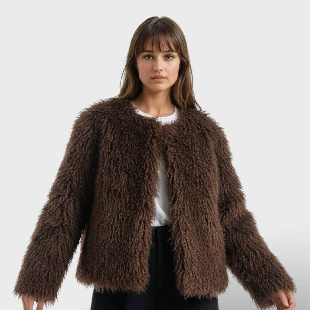 Chaqueta de pelo largo con cuello redondo