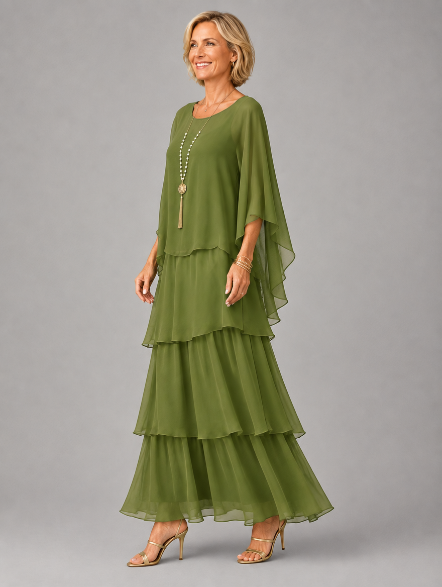 Vestido maxi con capa y falda de volantes