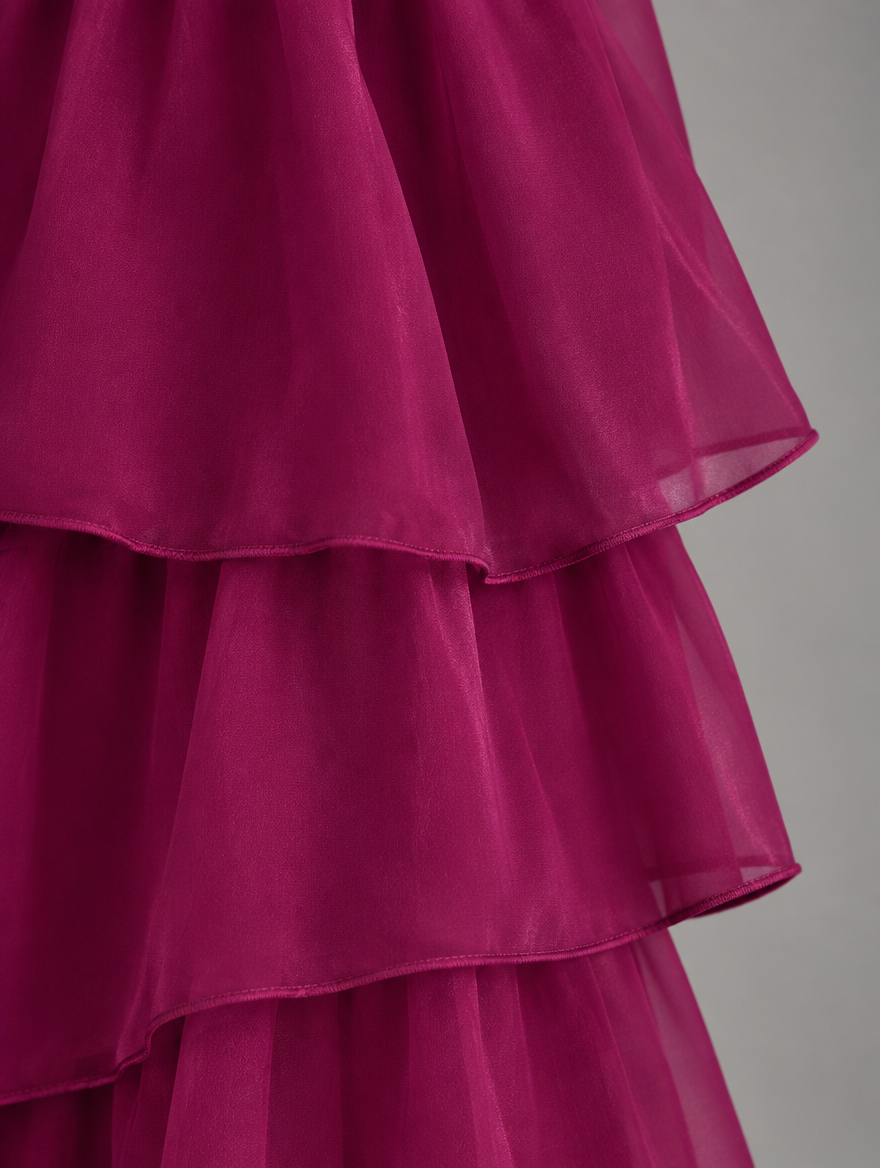 Vestido maxi con capa y falda de volantes