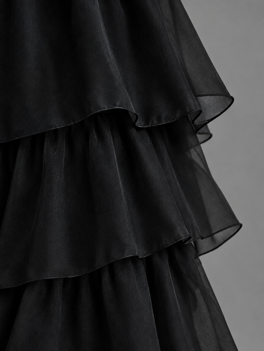 Vestido maxi con capa y falda de volantes