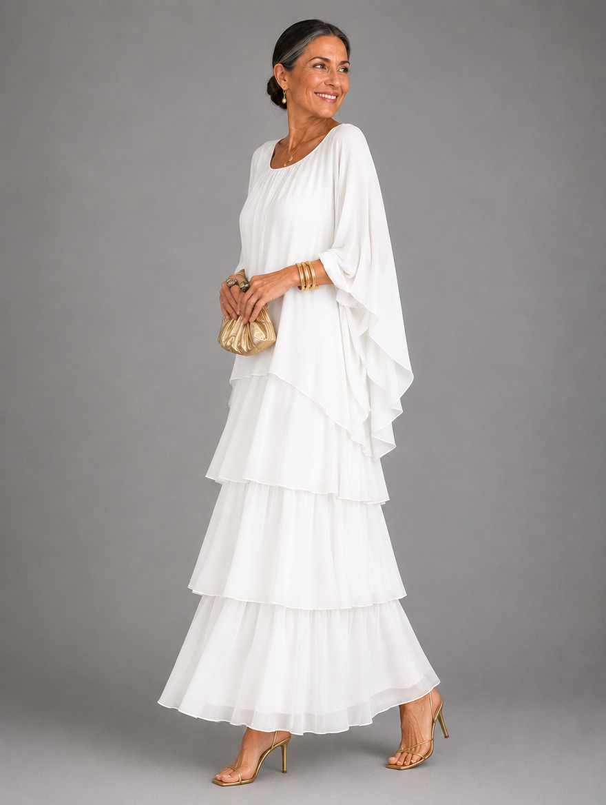 Vestido maxi con capa y falda de volantes