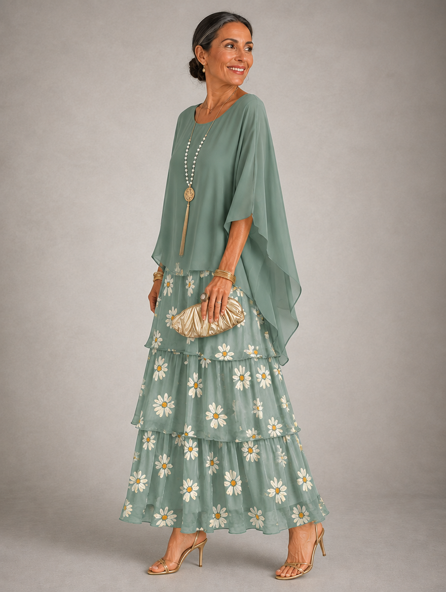 Vestido maxi con capa y falda de volantes