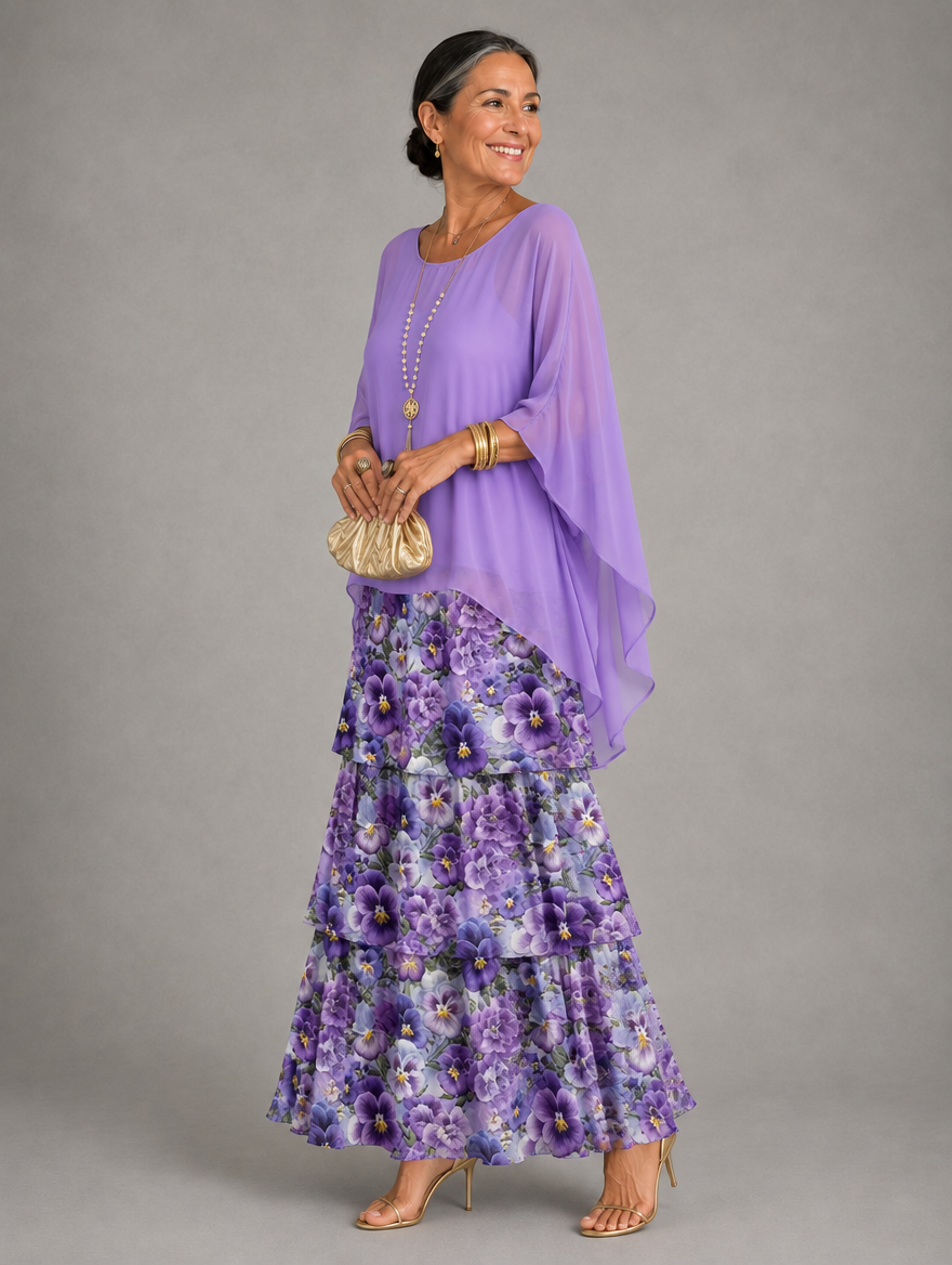 Vestido maxi con capa y falda de volantes