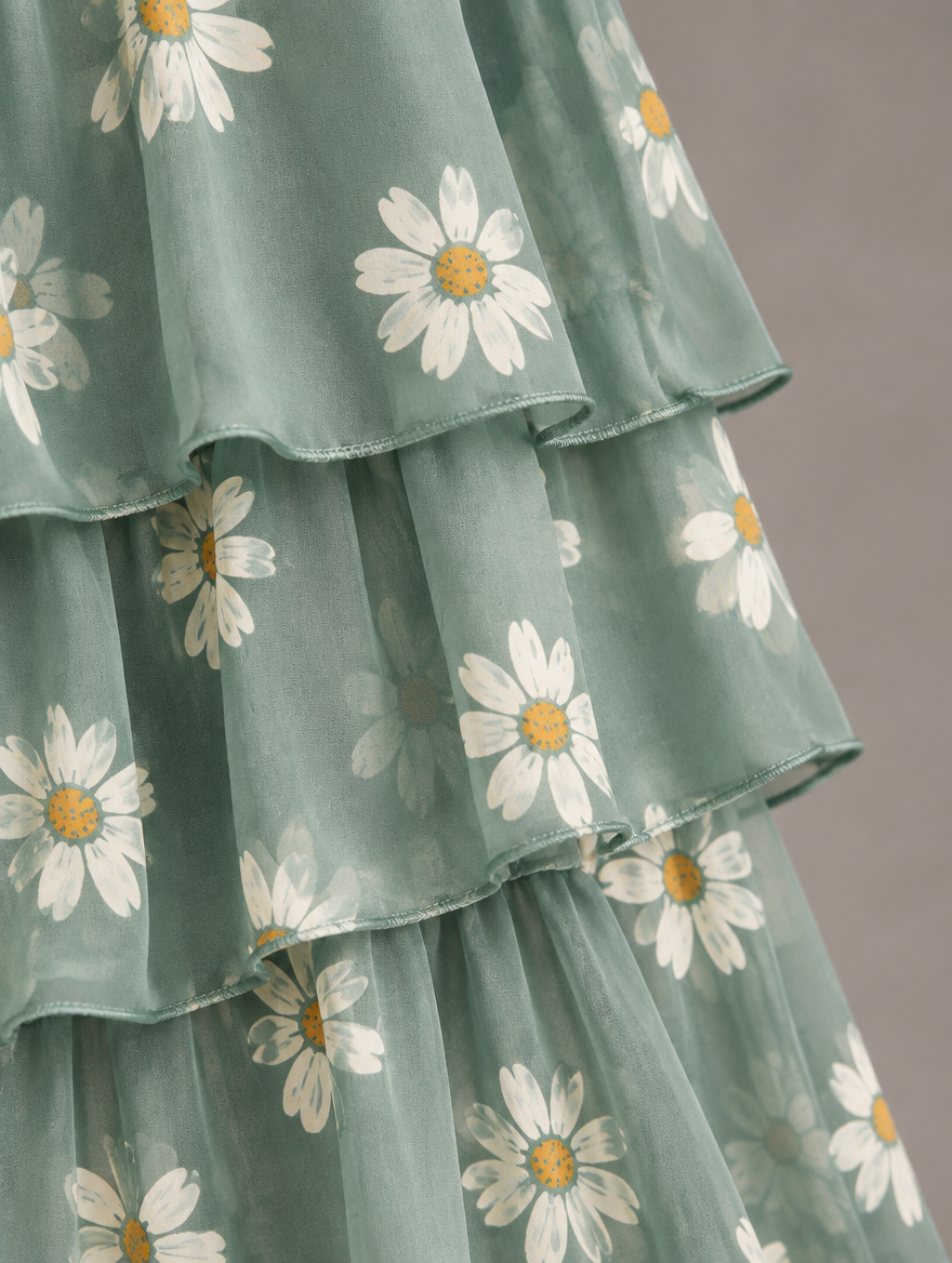 Vestido maxi con capa y falda de volantes