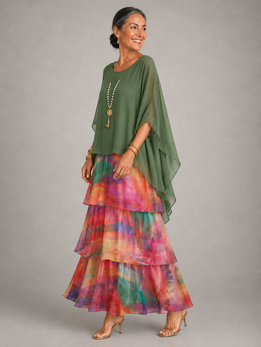 Vestido maxi con capa y falda de volantes