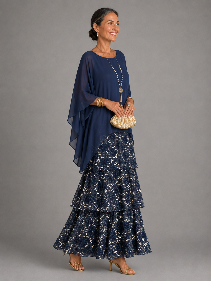 Vestido maxi con capa y falda de volantes