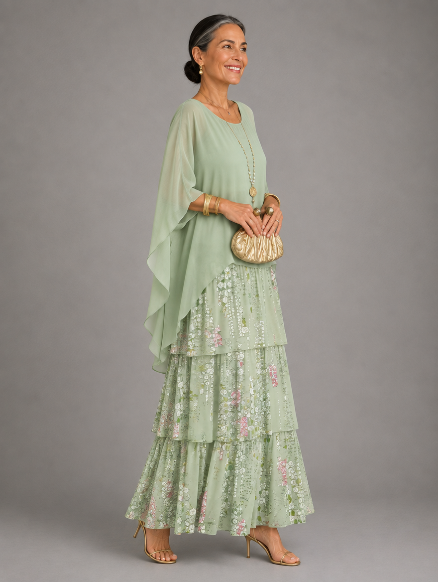 Vestido maxi con capa y falda de volantes