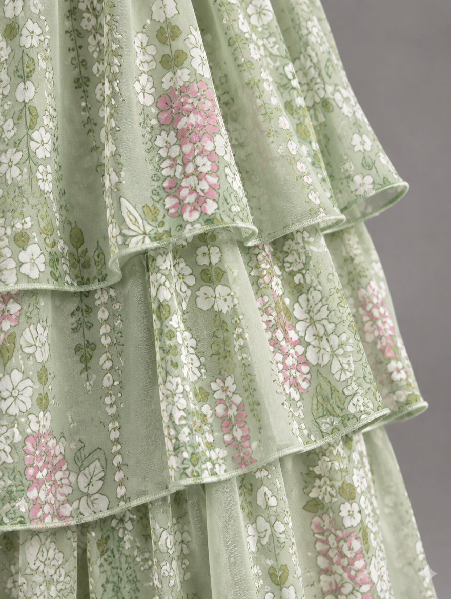 Vestido maxi con capa y falda de volantes
