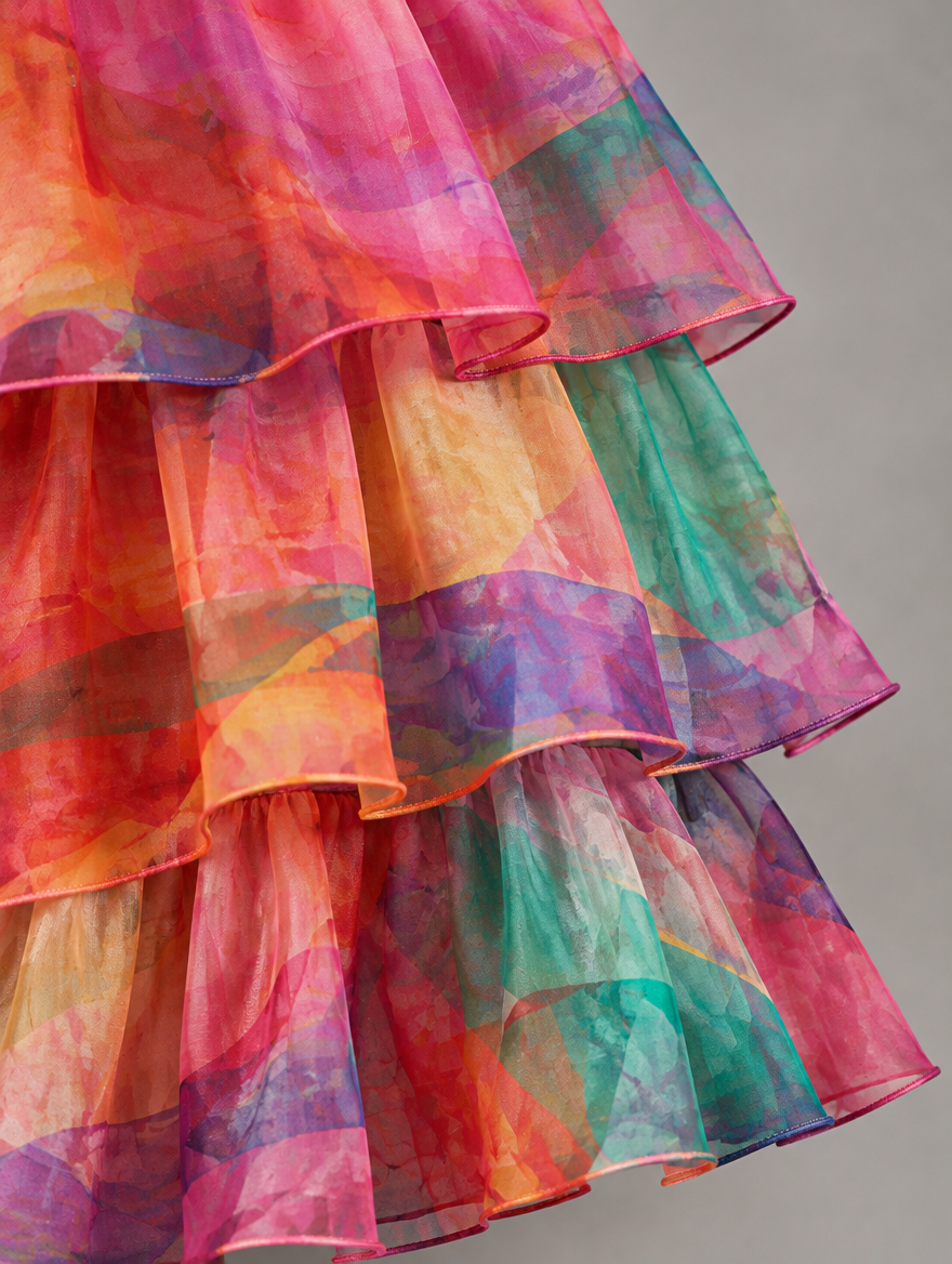 Vestido maxi con capa y falda de volantes
