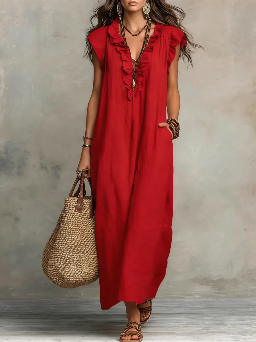 Vestido maxi con escote en V y volantes