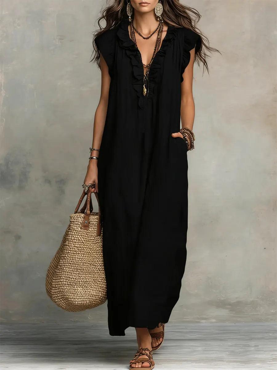 Vestido maxi con escote en V y volantes