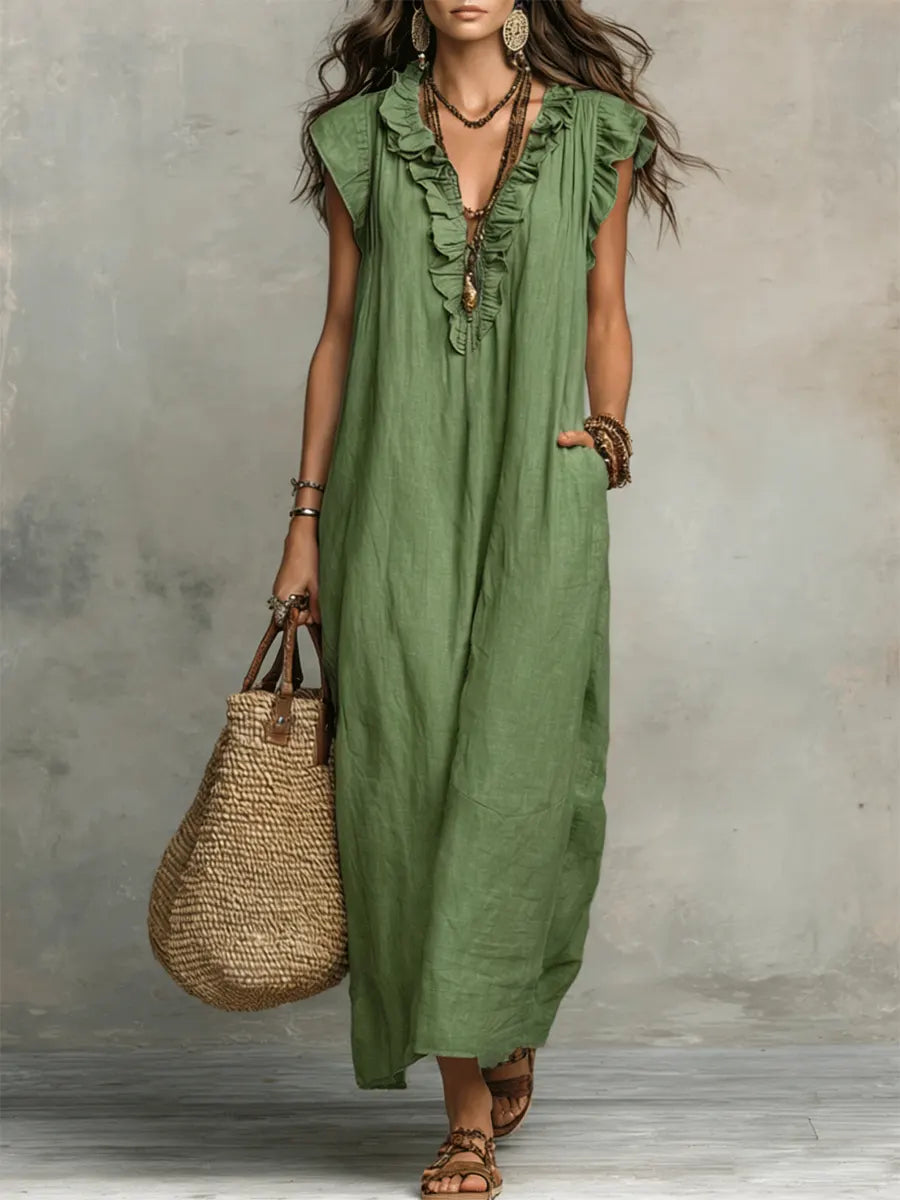 Vestido maxi con escote en V y volantes