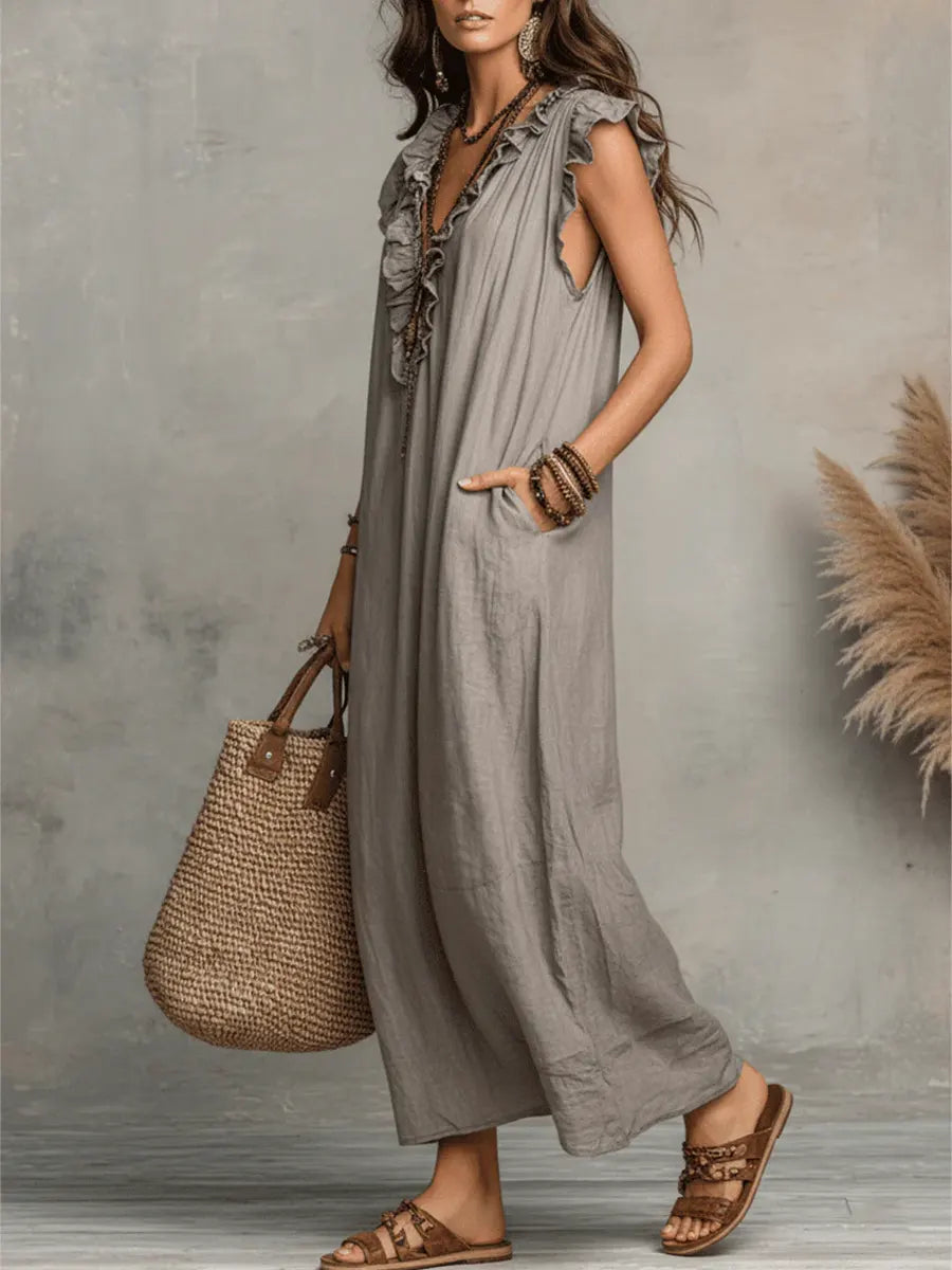 Vestido maxi con escote en V y volantes