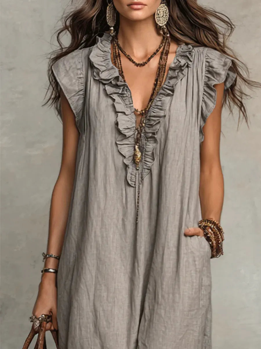 Vestido maxi con escote en V y volantes