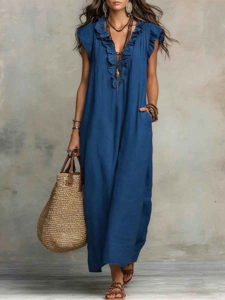 Vestido maxi con escote en V y volantes